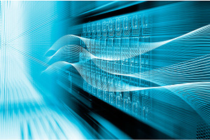 blade server equipment rack data center closeup and blur blue toning
