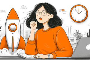 Young woman planning a startup marketing campaign with rocket symbol, laptop an, a Photo by AS photostudio