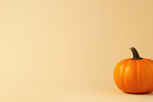 Single orange pumpkin on warm beige background with copy space