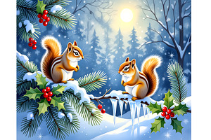 Forest Chipmunks Winter Scene, an Animal Illustration by Sharon Schwalbe