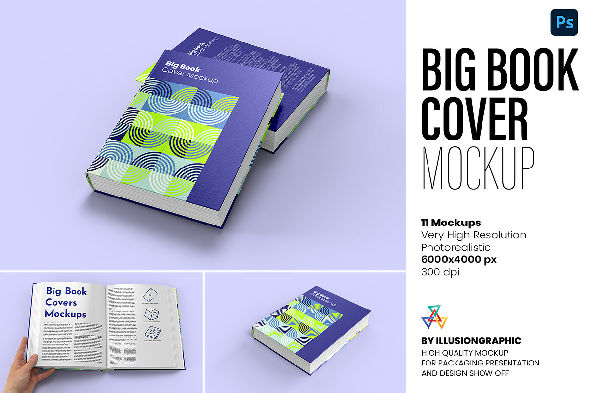 Big Book Cover Mockup - 11 Views, a Books & Magazine Mockup by Illusiongraphic (Photo 1 of 26)