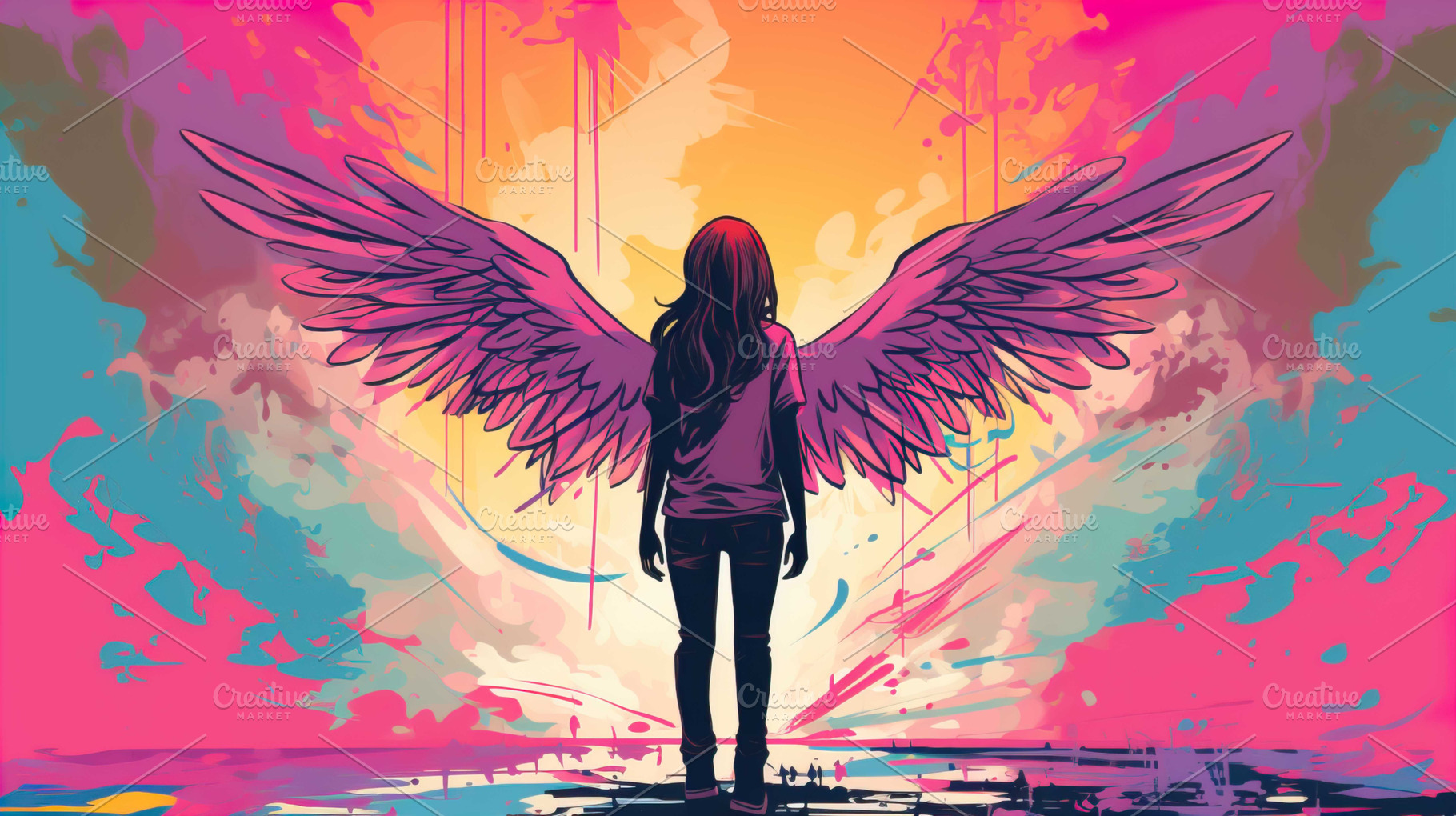 Teenage girl standing against angel, a Photo by LOGOCREATIVE