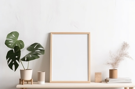 Blank print frame mockup with plants and decor on light backgrou, a Photo by Dvoevnore photos