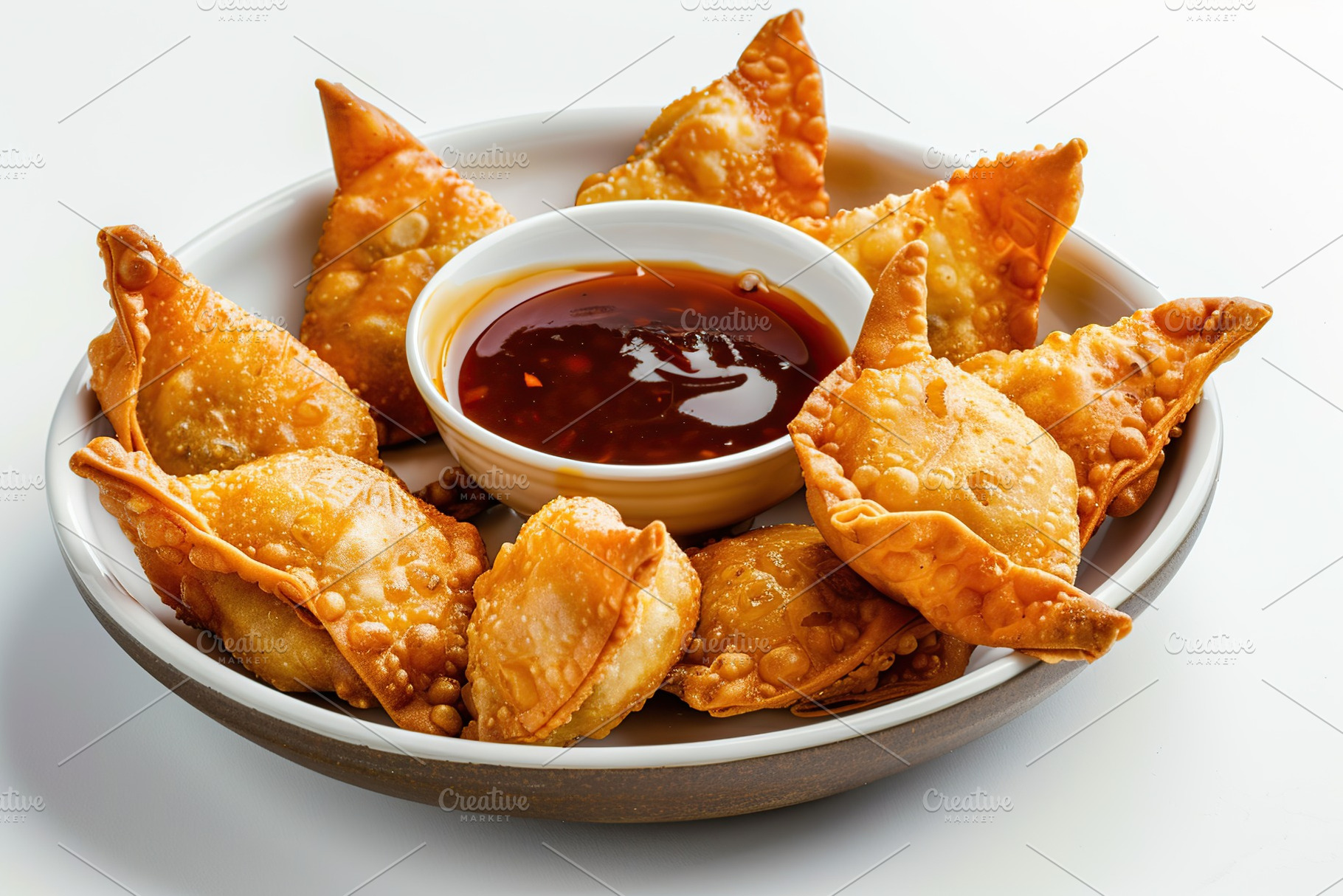 Homemade fried meat dumplings with red sauce on white background, a Food & Drink Photo by AlyaAnd