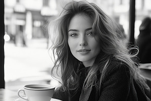 Attractive woman resting in outdoor cafe, photo in black and whi, a Person Photo by AlyaAnd