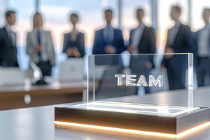 Transparent block with team word in corporate office