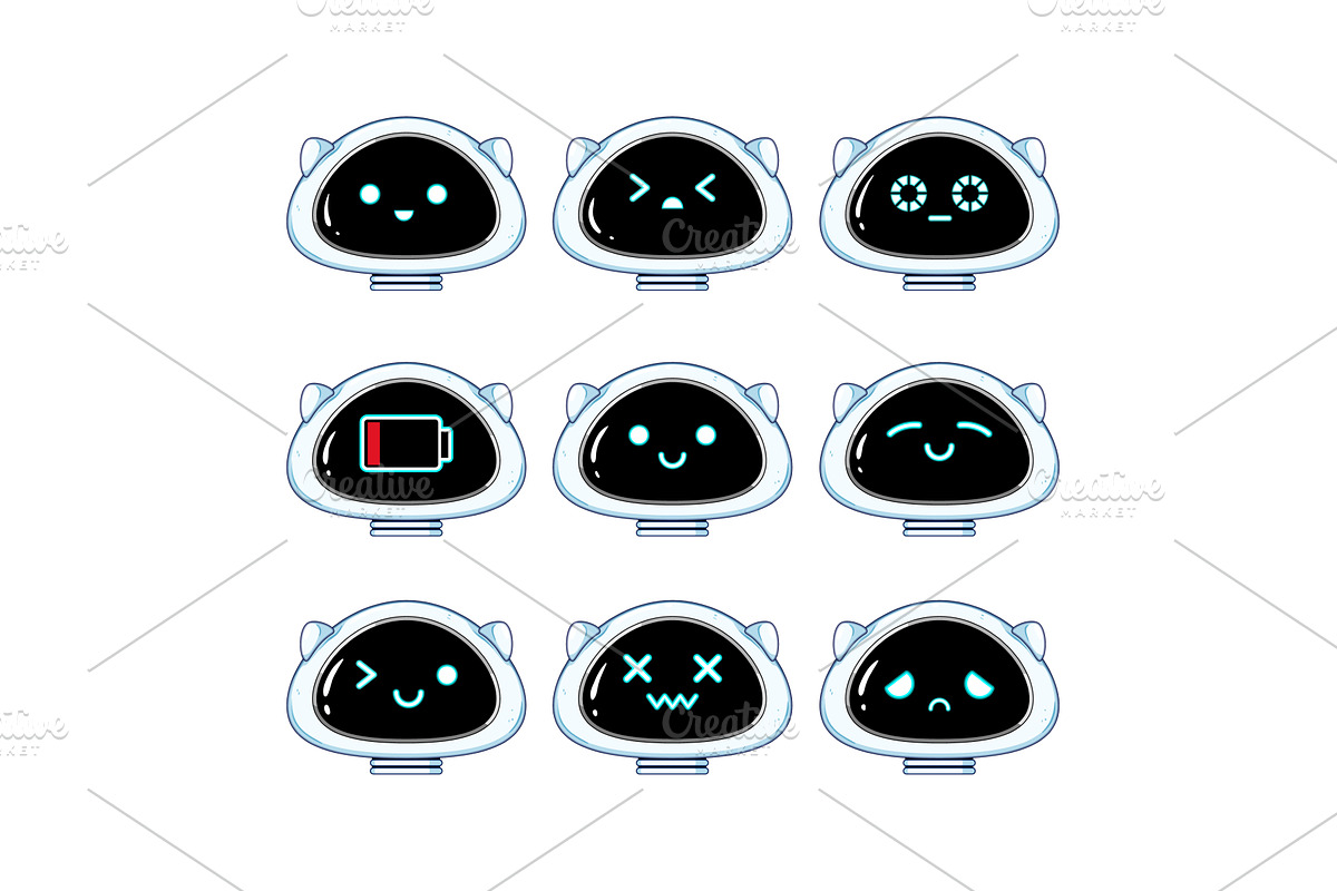 Cute robot heads displaying various, a Technology Illustration by pikepicture