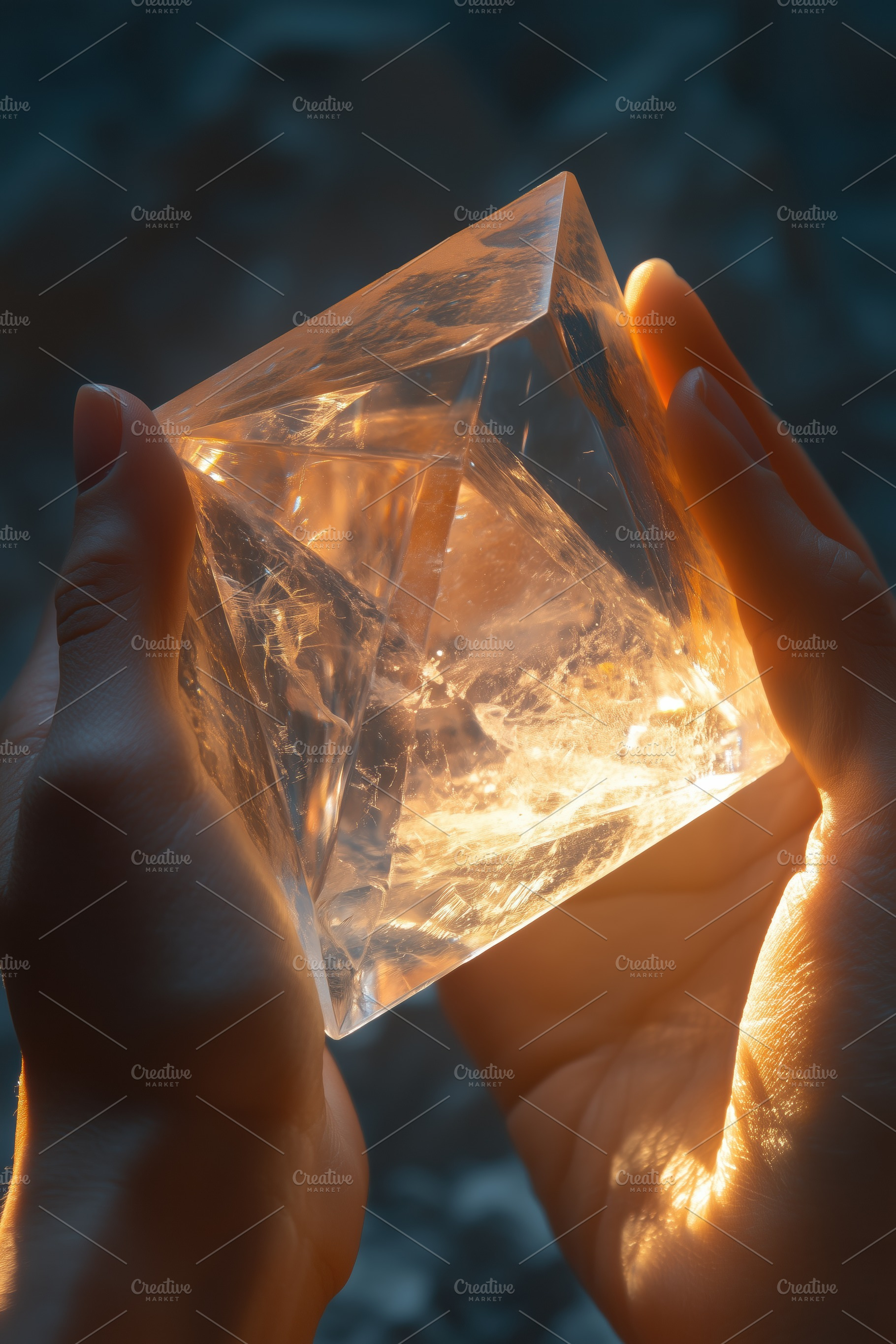 A person holding a large, clear crystal pyramid that reflects light beautifully, a Technology Photo by Textures & Backgrounds