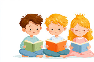Three diverse children reading books, learning, and imagining stories together,, an Illustration by Studio ANNA