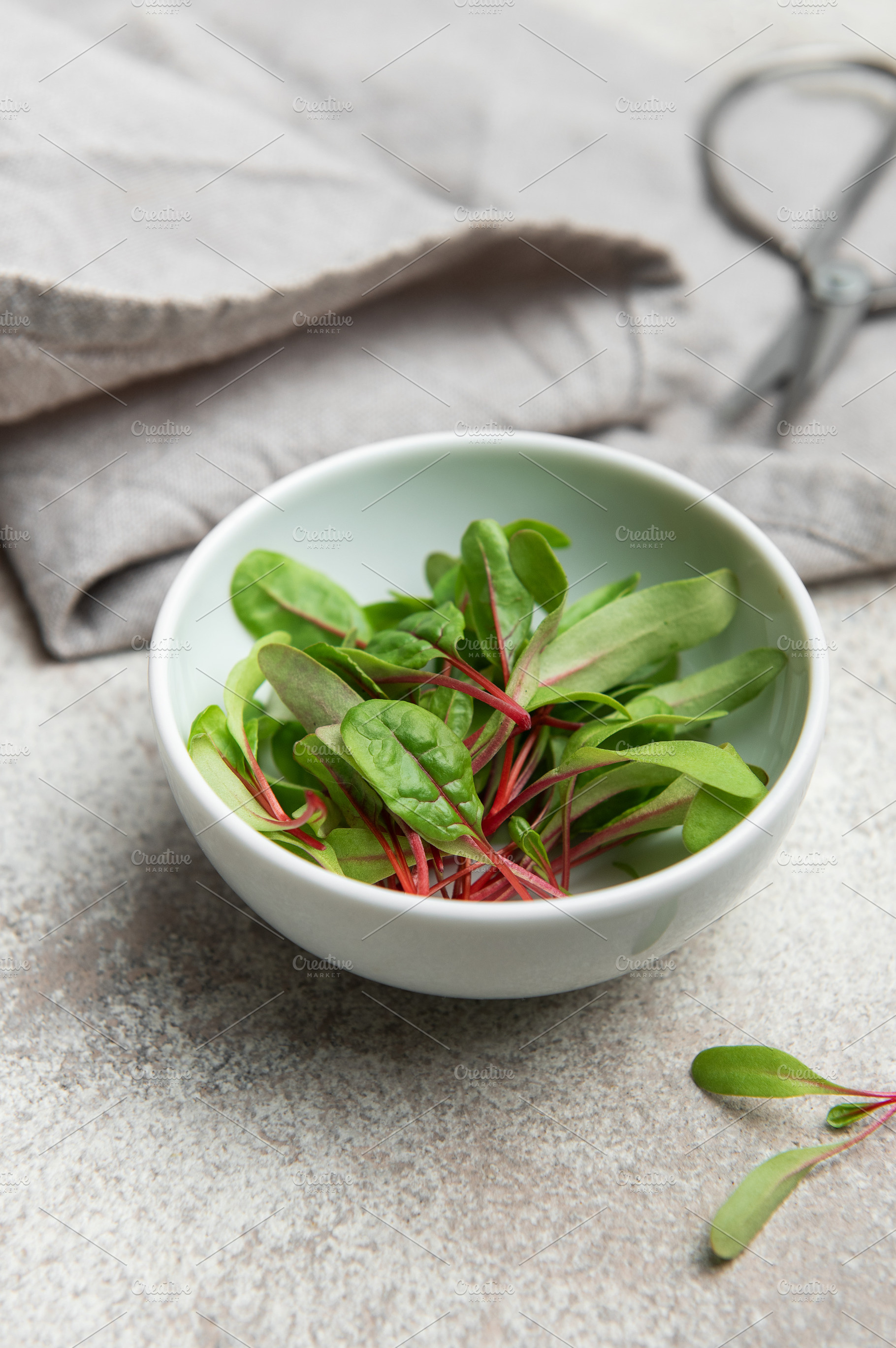 Freshly cut microgreens of red chard in a bowl, ready for health, a Food & Drink Photo by Olena Rudo