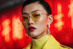 Influencer woman posing with colorful sunglasses against vibrant backdrop, a Person Photo by OSORIOartist