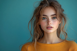 Young woman with natural beauty poses against a turquoise background wearing a, a Person Photo by AlyaAnd