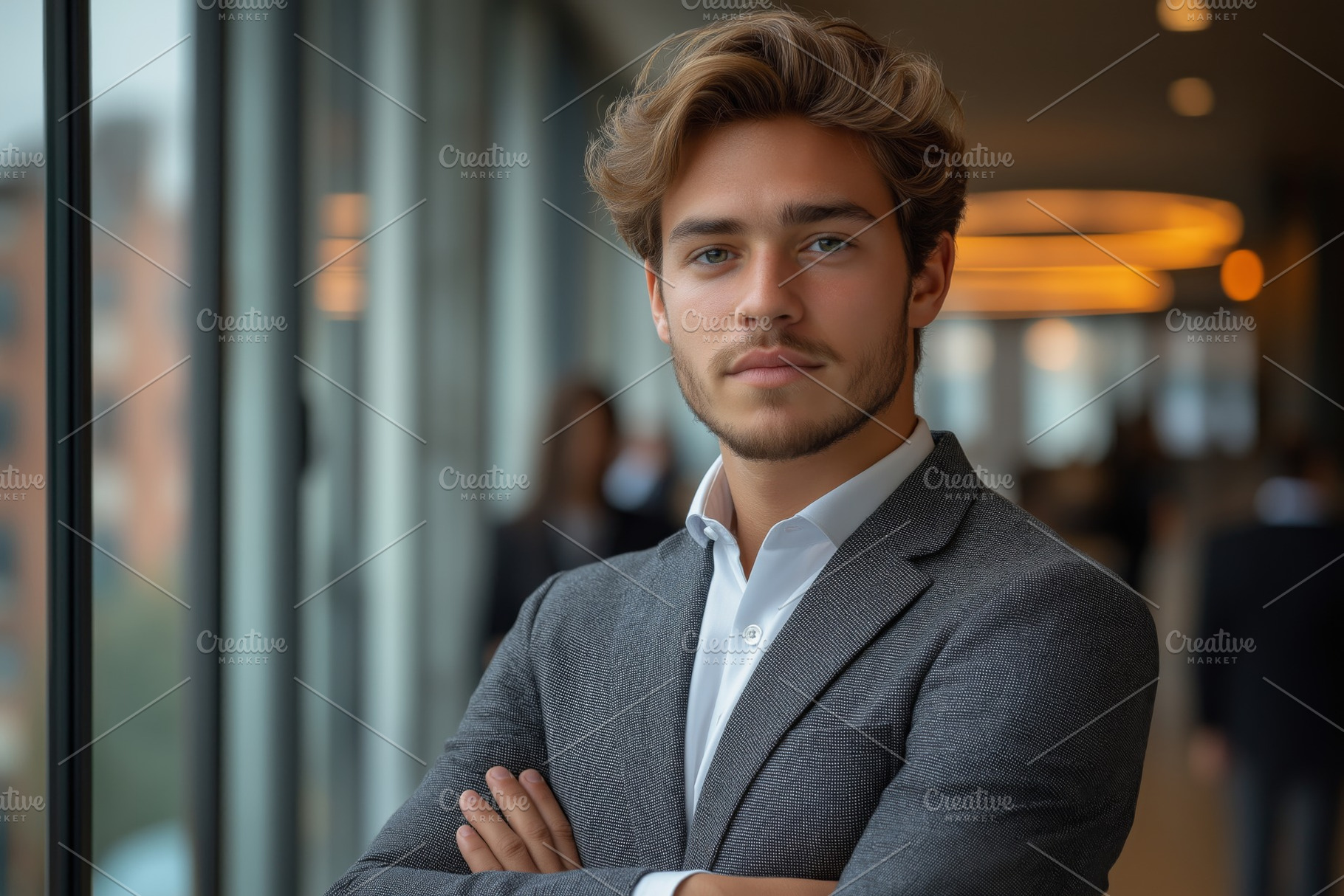 A confident young Caucasian male in a suit stands with arms crossed, exuding pr, a Person Photo by ImageMir