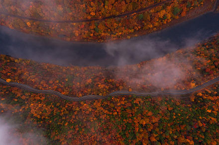 Aerial view on Hawks Nest in fog