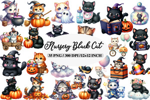 Nursery Halloween Black Cat Clipart, an Illustration by Daily.Designs