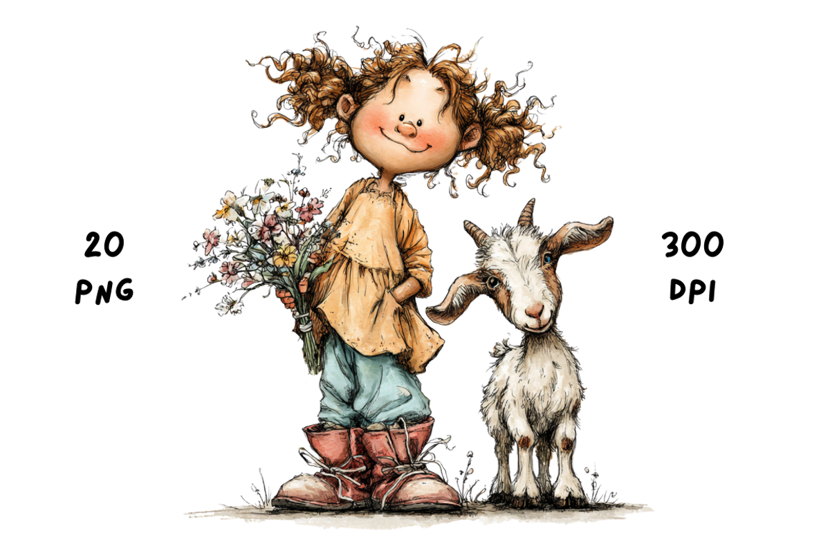 Whimsical Floral Girl and Baby Goat, an Animal Illustration by GiraffeCreative (Photo 12 of 20)