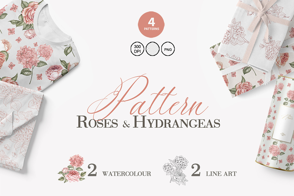 4 patterns roses and hydrangea, a Pattern Graphic by Kotkoa (Photo 1 of 7)