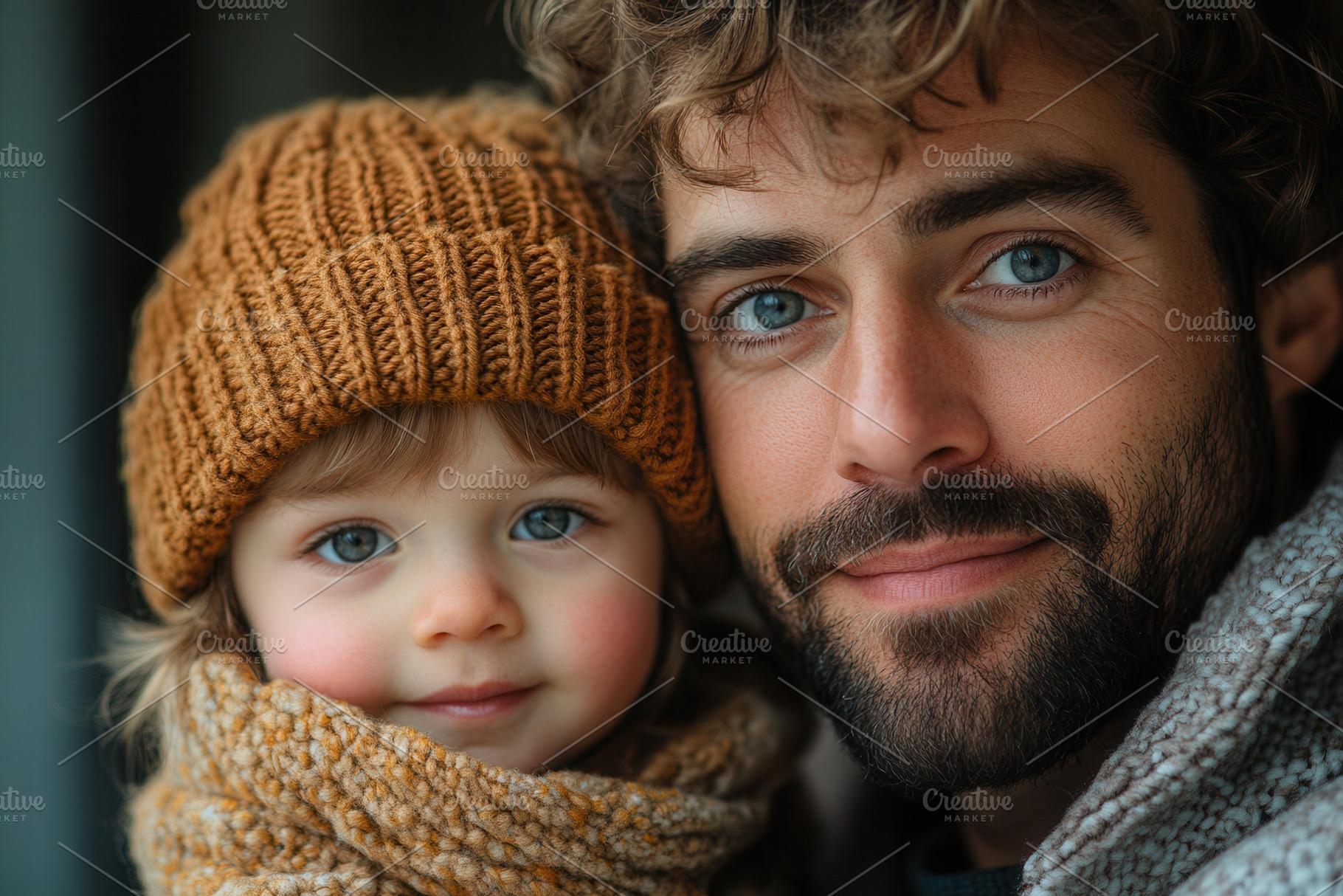Smiling man with child in winter hat, a Photo by Tanuart