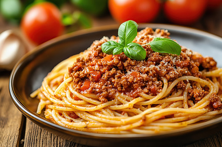 Spaghetti bolognese with ground beef in plate, a Food & Drink Photo by AlyaAnd