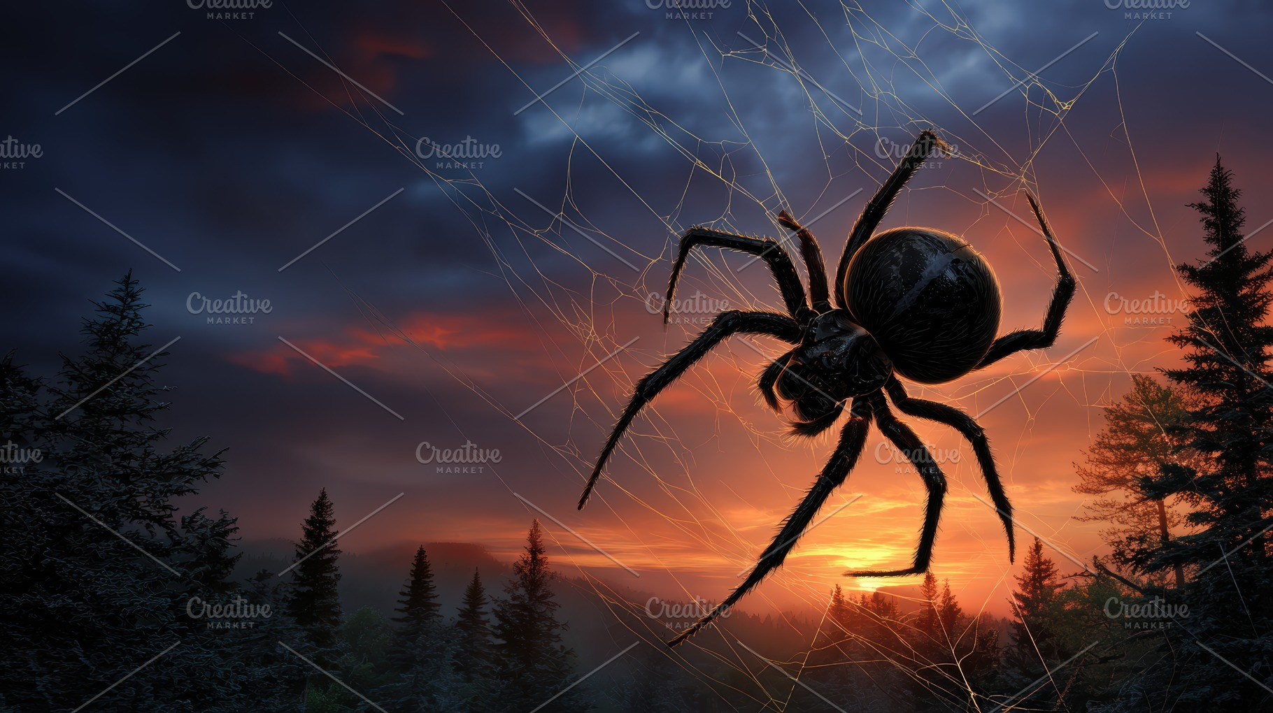 Giant Spider Sunset Web Forest Silho, a Photo by Pixeness Studio