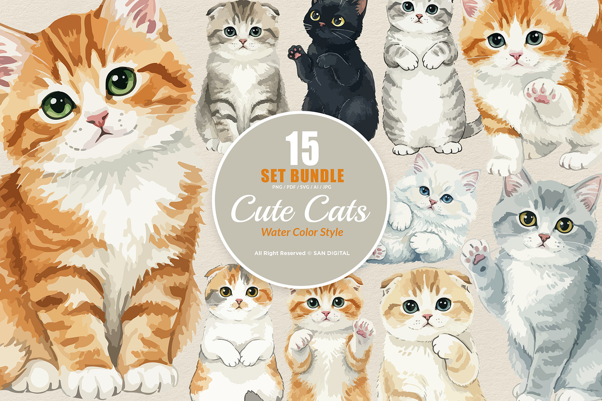 15 Bundle Watercolor Cute Cats Pet, an Animal Illustration by Morspective (Photo 1 of 8)