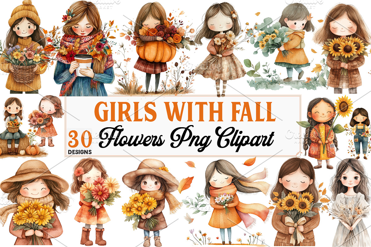 Girls with Fall Flowers Clipart, an Illustration by Watercolor design (Photo 1 of 5)