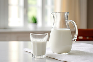 Glass of milk and jug with napkin on wooden table, a Food & Drink Photo by AlyaAnd