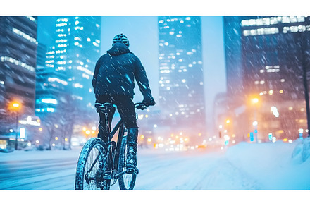 Male cyclist riding in snowy urban, a Sports & Recreation Photo by Lermont51