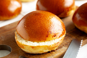 Homemade Brioche Buns Ready to Eat, side view. Close-up., a Food & Drink Photo by LiudmylaChuhunova