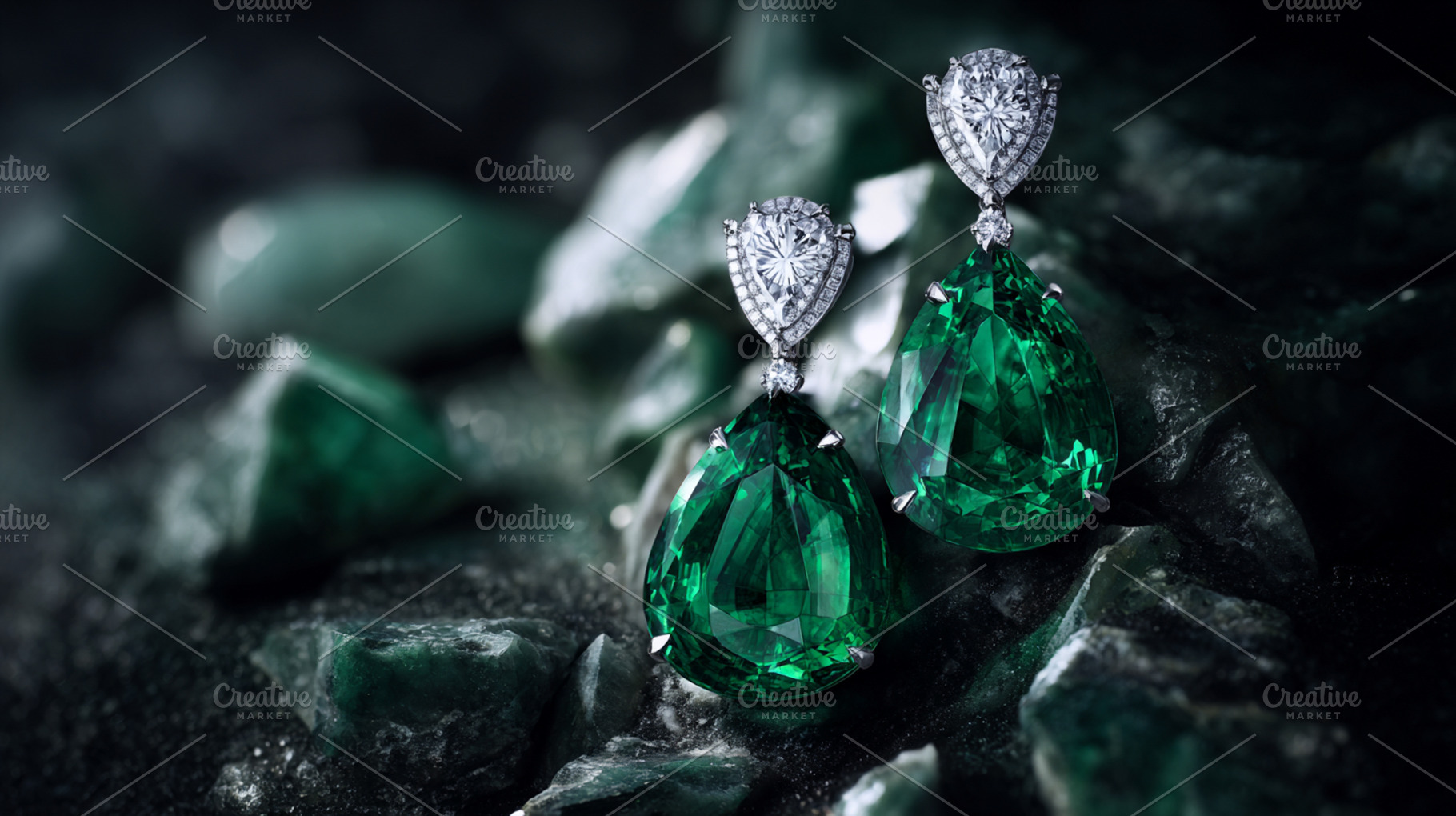Emerald pear cut earrings with pave set diamonds, shining bright, a Photo by Studio ANNA
