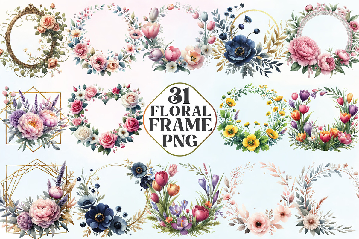 Watercolor Floral Frame Clipart, an Illustration by CraftArtStudio (Photo 1 of 6)