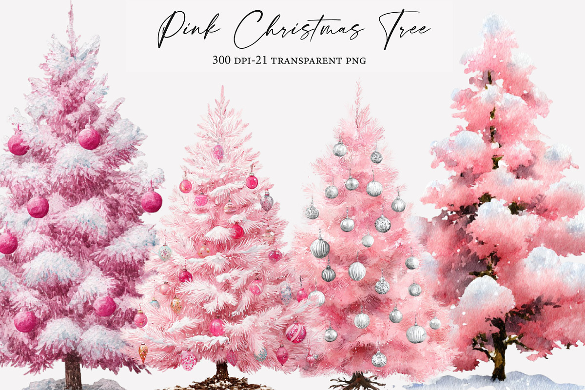 Watercolor Pink Christmas Tree Clipa, an Illustration by Designworld (Photo 1 of 5)