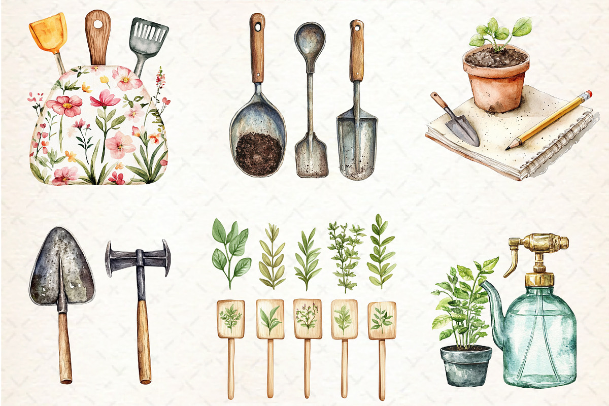 Gardening Tools Watercolor Clipart, an Illustration by Libby Wishes (Photo 3 of 7)