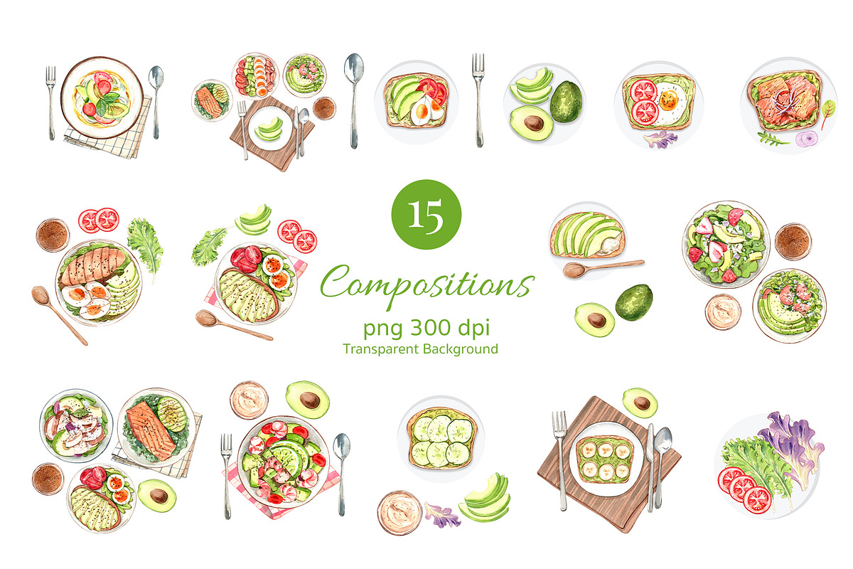 Avocado and Salad Watercolor, a Food Illustration by CreativeValuation (Photo 3 of 11)