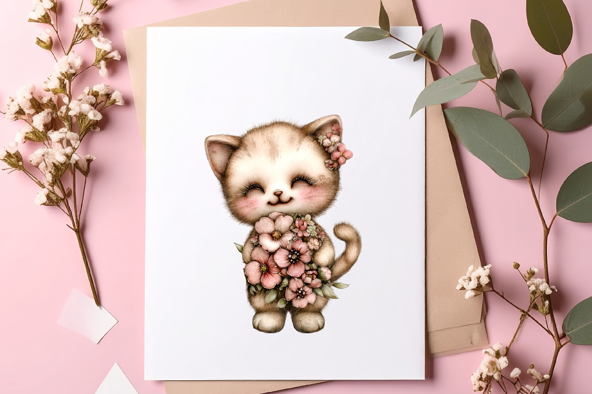 Whimsical Spring Cats Clipart, an Illustration by SinaCreation (Photo 7 of 11)