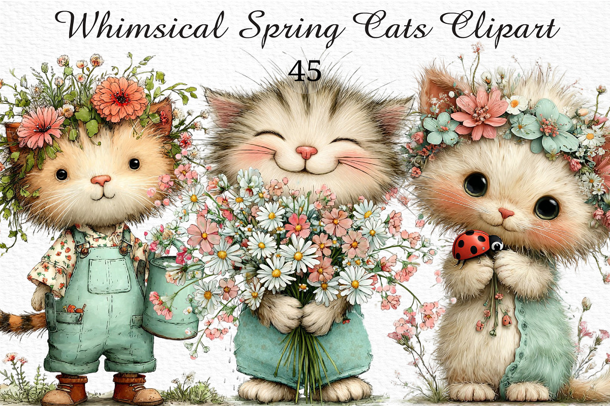 Whimsical Spring Cats Clipart, an Illustration by Craft Nest (Photo 1 of 11)