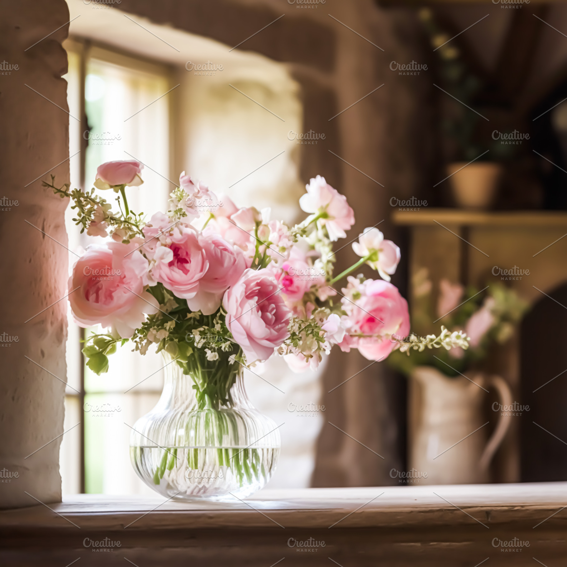 Bouquet of fresh rose flowers in the country cottage. Generative, a Holiday Photo by Anneleven