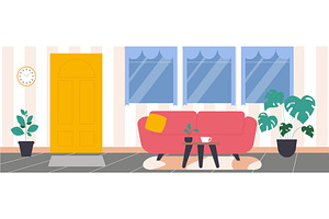 Flat living room interior. Red sofa, an Object Illustration by LadadikArt