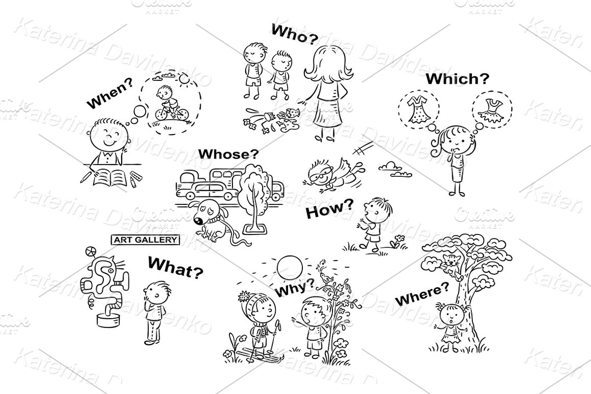 Question words in cartoon pictures, an Education Illustration by Bubert Art