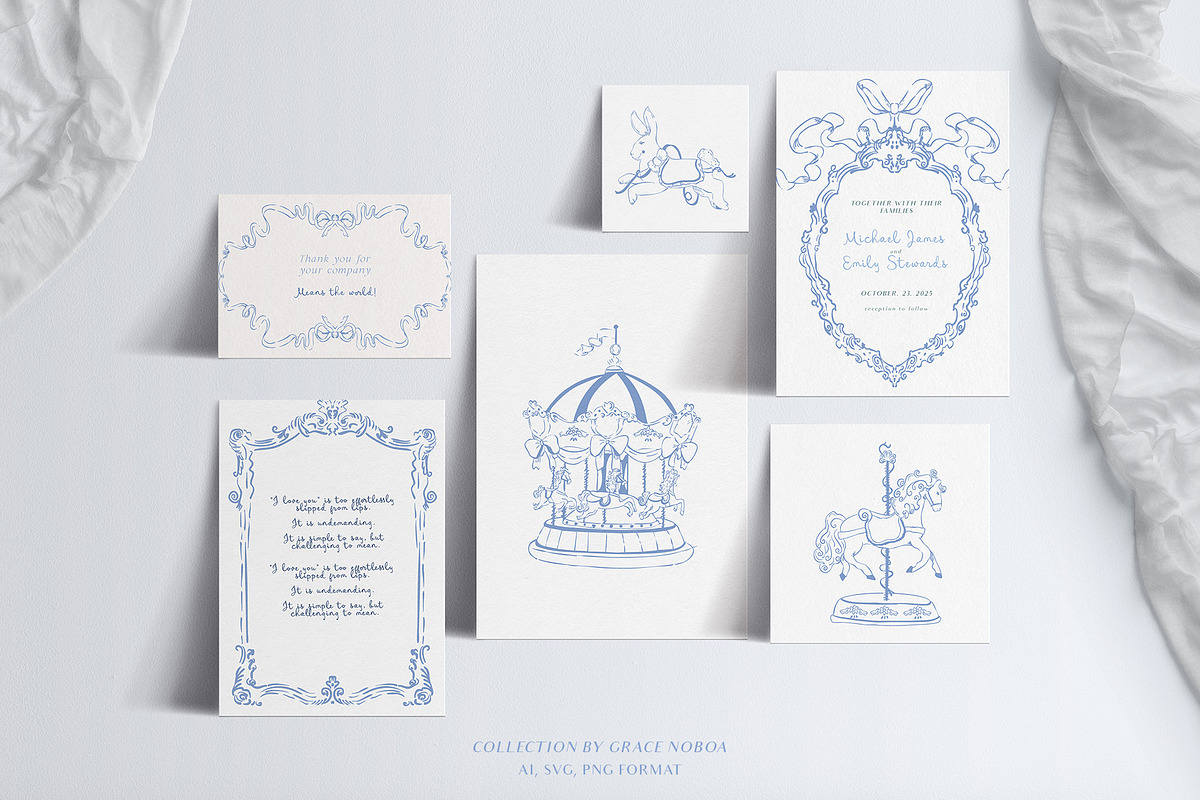 My carousel vintage Blue Line art, a Decorative Illustration by Grace Noboa Illustrations (Photo 2 of 6)