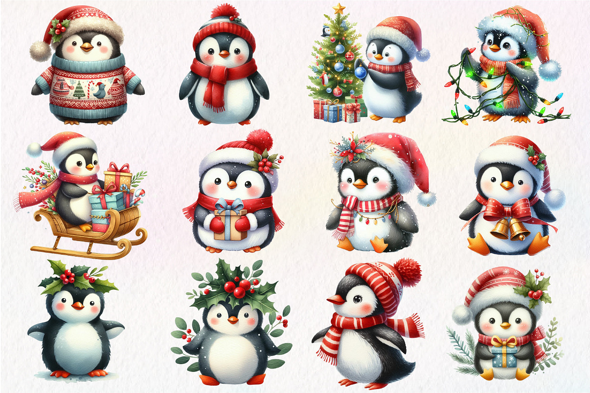 Christmas Penguin Watercolor Clipart, an Illustration by Dream Creation (Photo 4 of 5)