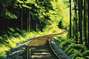 Curved railway track surrounded by l, a Photo by Tanuart