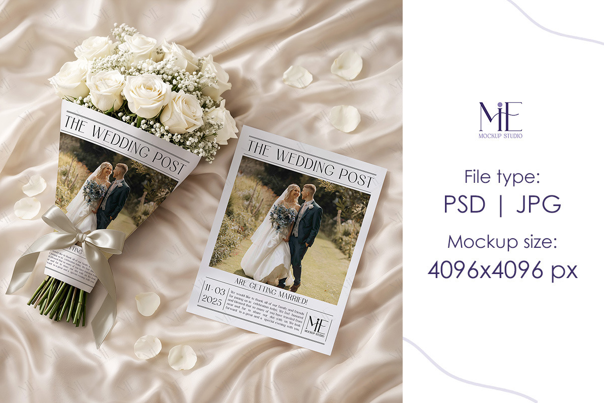 Wedding Newspaper Mockup with Bouque, a Mockup by Mie Mockup Studio (Photo 2 of 8)