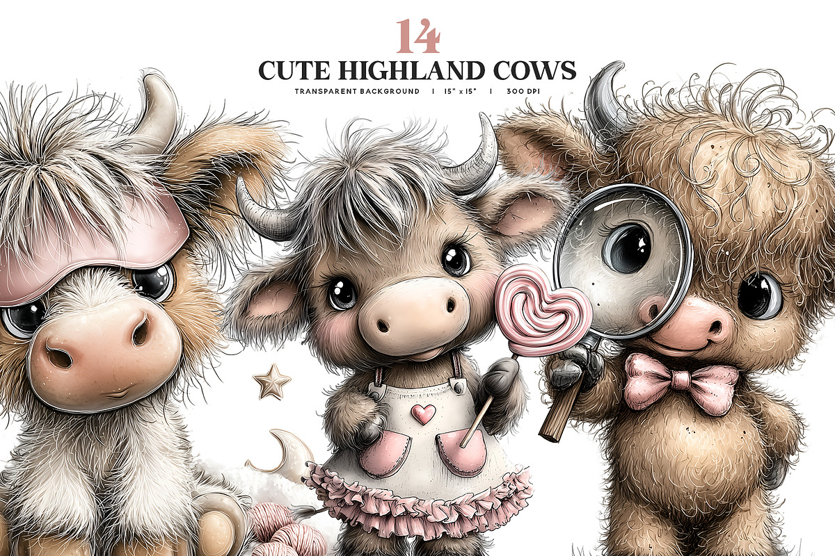 Cute Highland Cow Clipart Bundle, an Animal Illustration by Bijou Bay (Photo 1 of 3)