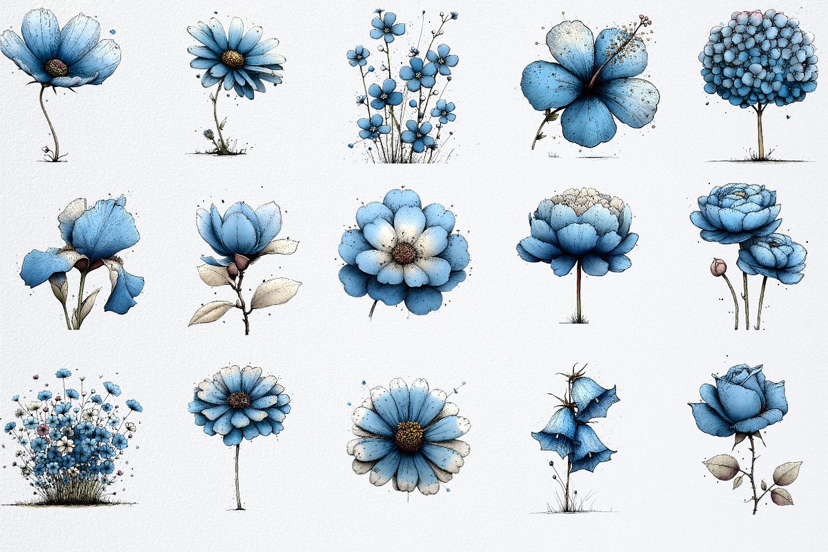 Whimsical Blue Flowers Spring png, an Illustration by Watercolor design (Photo 3 of 7)