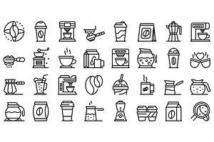 Coffee Icons Set, Outline Style