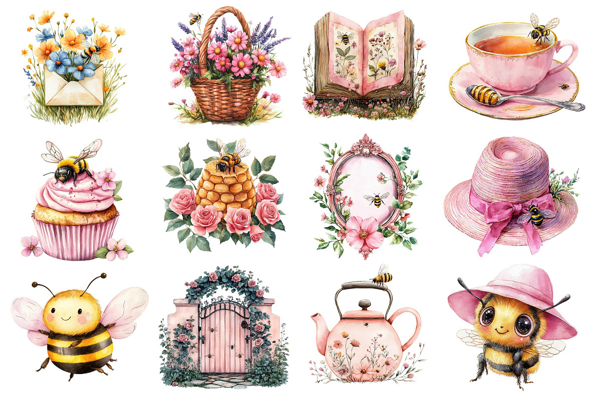 Pink Summer Bees Garden Clipart, an Illustration by Dream Creation (Photo 4 of 4)