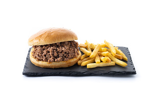 Traditional sloppy joe sandwich with french fries on wooden table, a Food & Drink Photo by etorres69