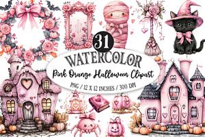 Pink Orange Halloween Clipart, a Seasonal Illustration by Designking