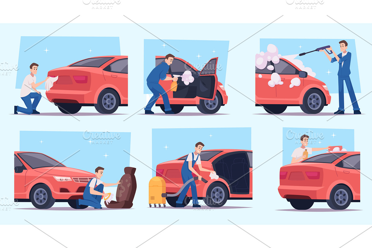 Washing cars. Cleaning transport, a Transportation Illustration by Onyx